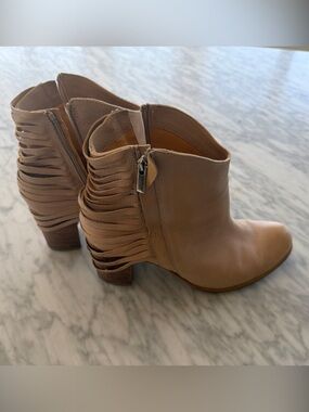 Sundance Tan Fringe Leather Ankle Booties with Side Zip